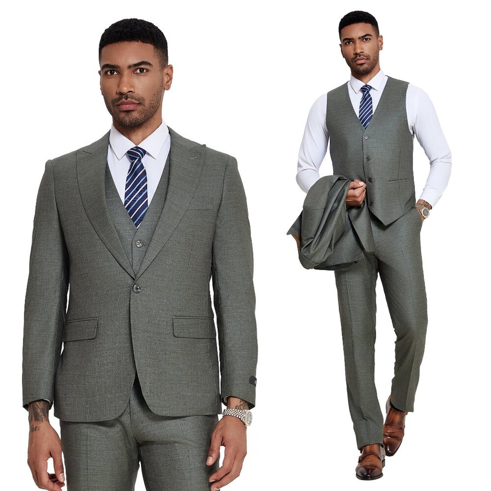 Skinny Fit Sage Sharkskin 3pc Mens Suit Set by Tazzio